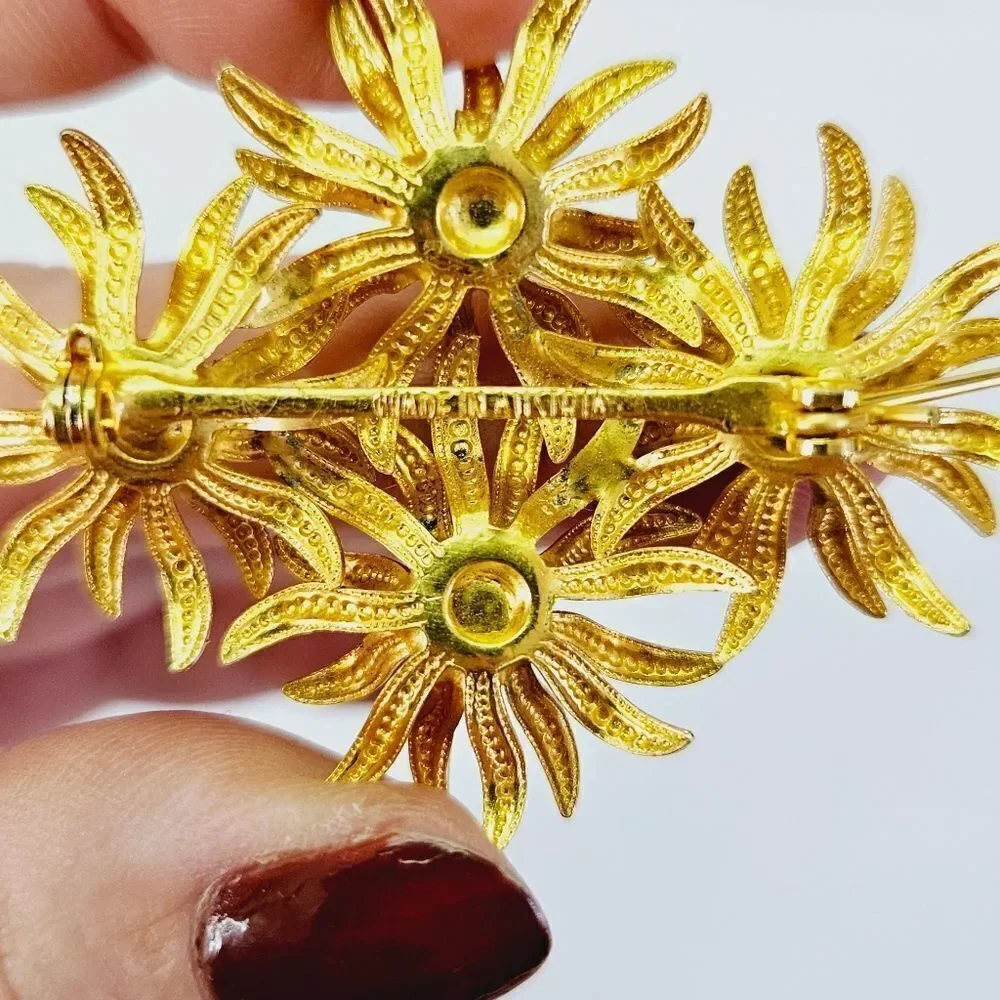 Vintage Signed Austria Gold Tone Prong Set Rhinestone Cabochon Floral Brooch Pin